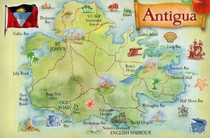 Antigua Map Flag Airport Nelsons Dockyard Ship Cartography Postcard