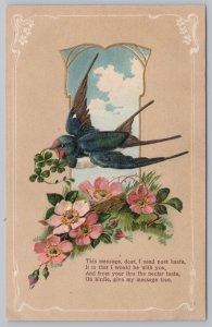 Greetings~Blue Bird Pink Flowers & Poem Greeting~Vintage Postcard 