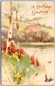 1913 Birthday Greeting Lake And The Mountain Flowers Trees Posted Postcard
