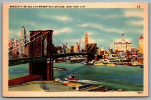 Postcard New York NY c1940s Brooklyn Bridge and Manhattan Skyline Linen