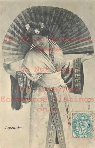 Japanese Ethnic Costume, Woman in Kimono Robe Fanning Out a Fan