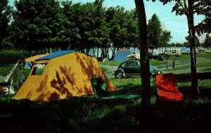 VINTAGE POSTCARD CAMPING BESIDE CANADIAN LAKE 1960's CHROME CARD