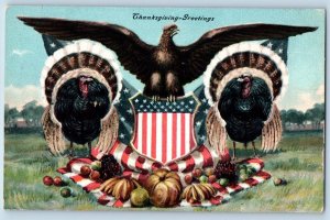 Thanksgiving Postcard Greetings Eagle And Turkeys Fruits Scene Field c1910's