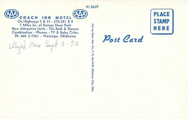 Coach Inn Motel roadside 1972 Watonga Oklahoma Slater postcard 12740