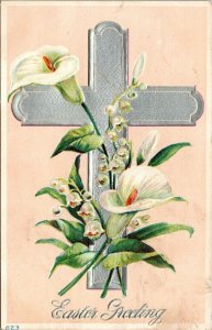 Silver Cross Calla Lilies Easter Greeting Postcard embossed 1912