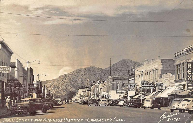 Canon City CO Business District Rex Theatre Old Cars Real Photo Postcard