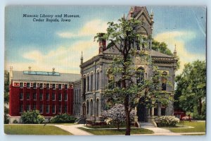 Cedar Rapids Iowa Postcard Masonic Library Museum Building Exterior Trees c1940