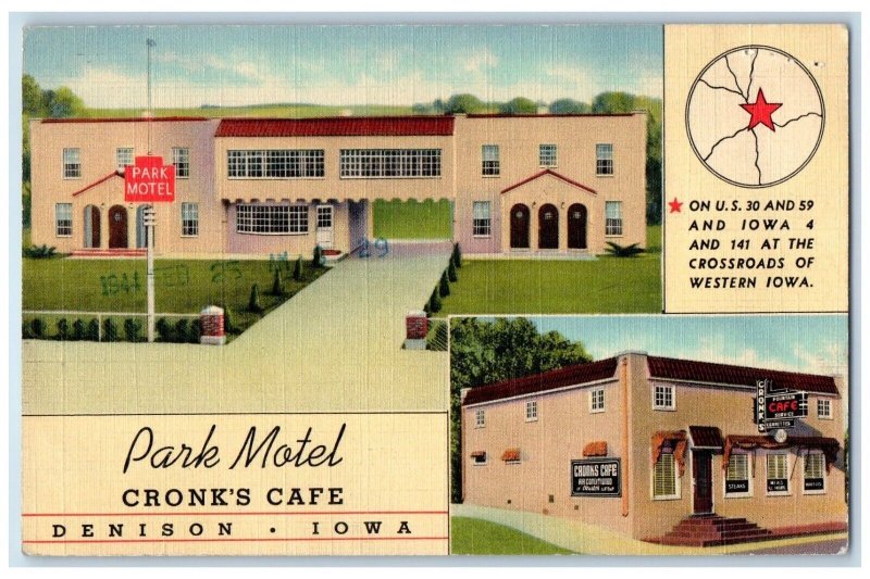 Denison Iowa Postcard Park Motel Cronk Cafe Exterior View Multiview 1944 Antique