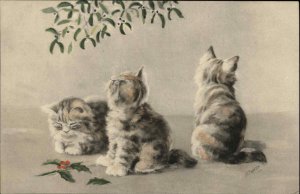 N Parker M.M. Vienne Three Kittens Under Mistletoe c1910 Vintage Postcard