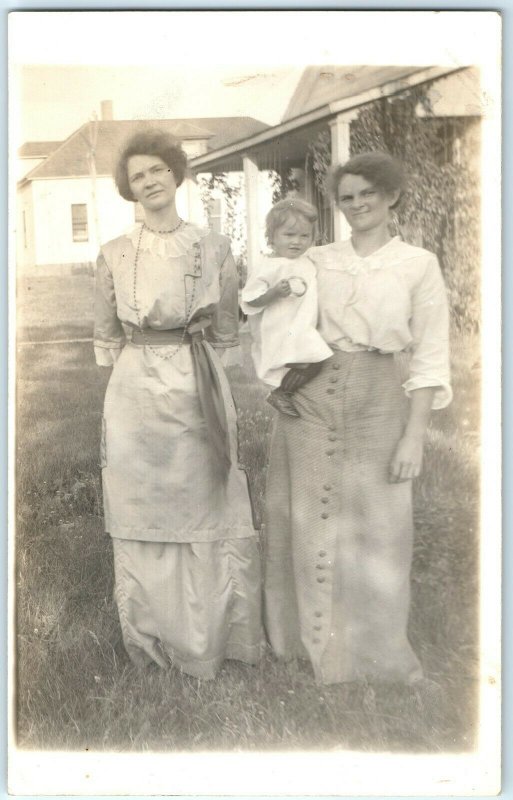 1910s Young Ladies & Baby RPPC Child Mother Real Photo Antique Postcard House A1