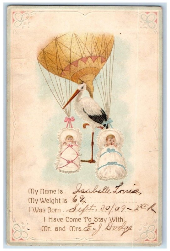 c1910's Stork Delivering Newborn Baby Balloon Embossed Hamilton OH Postcard 