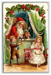 Vintage 1909 Christmas Postcard - Cute Kids Wait Santa Claus at Window with Toys