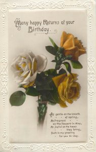 British friendship flowers greetings postcard Birthday happy returns yellow rose