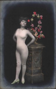 Woman in Studio Body Suit & Flowers Semi Nude Tinted Real Photo Postcard #4