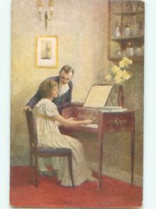 foreign Old Postcard MAN WATCHES WOMAN PLAY PIANO MUSIC AC3282