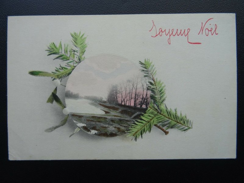 Christmas JOYOUS NOEL Mistletoe & Wintery Scene - Old Postcard