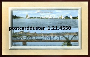 h5004 - KENORA Ontario Postcard 1910s Bridge. Yachting by Wood's Drugstore