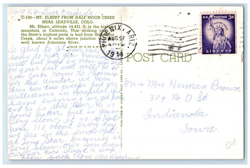 1958 Mt. Elbert from Half Moon Creek Near Leadville Colorado CO Postcard