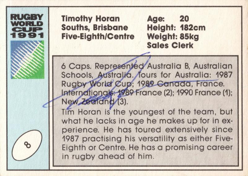 Timothy Horan Australia Hand Signed Rugby 1991 World Cup Card Photo