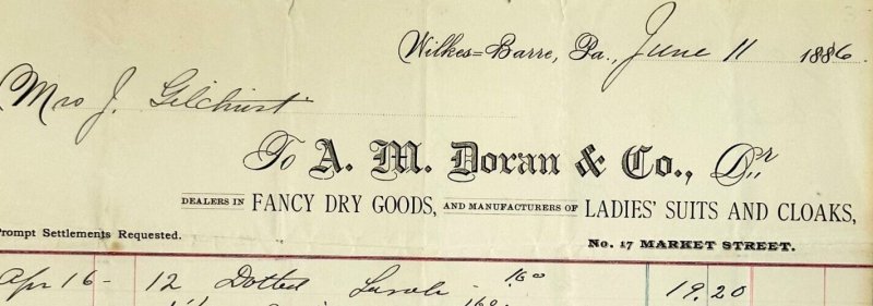 1886 A M Doran & Co Fancy Dry Goods Ladies Suits And Cloaks WILKES BARRE PA