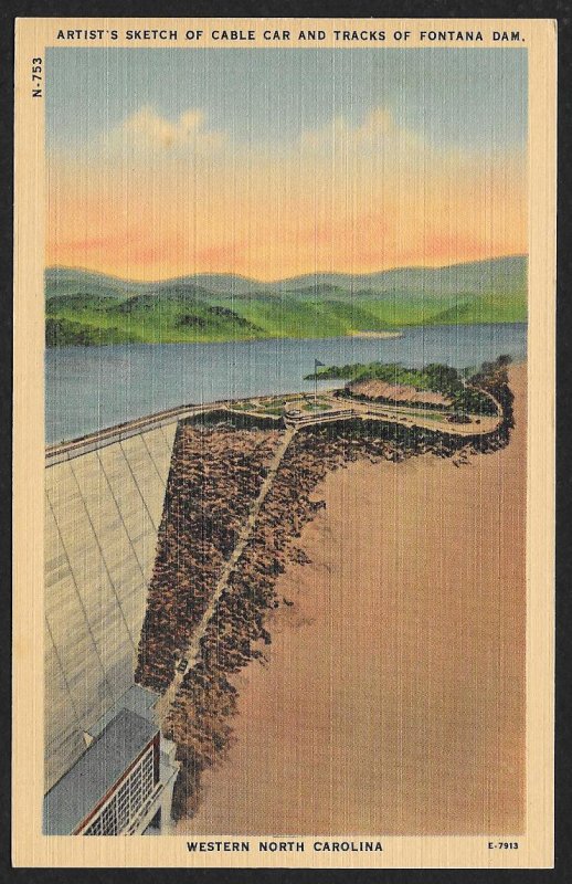 Sketch of Cable Car & Tracks Fontana Dam North Carolina Unused c1930s