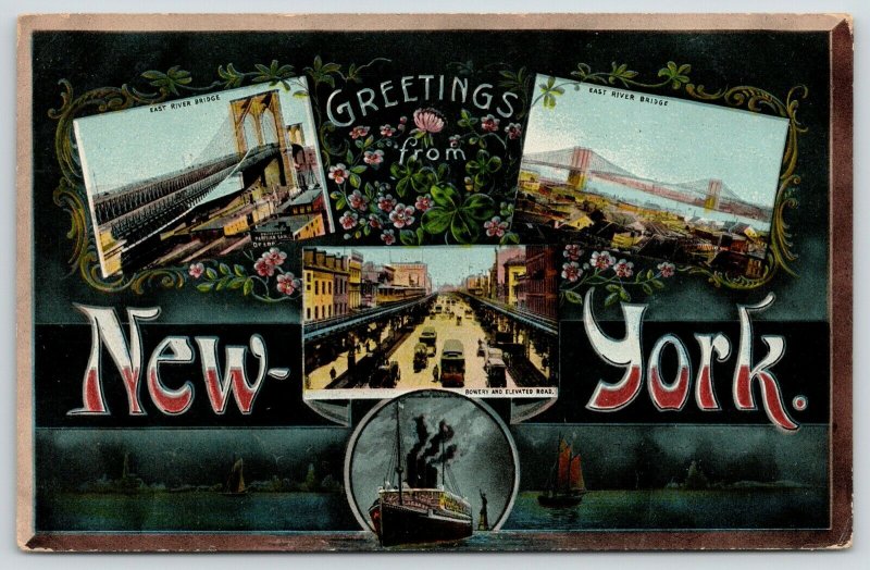 New York City~East River Bridge~Bowery~Elevated RR~1908 Large Letter Art Nouveau 