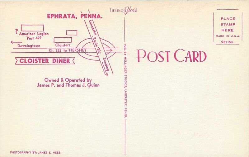 1950s Ephrata Pennsylvania Cloister Diner Restaurant Roadside Advert Postcard