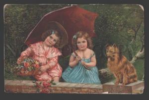 3116194 Cute Girls w/ Parasol Umbrella & SPITZ Dog Vintage PC