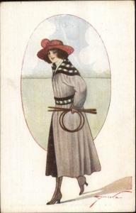 Beautiful Woman Red Hat Boats Long Coat Italian Overprint Adv on Back PC