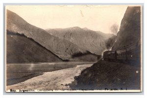 RPPC Train Through Andes Mountain Range Uspallata Argentina UNP Postcard V7