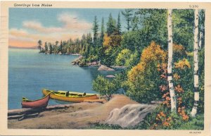 Greetings From Maine - Canoes along the Shore - Lake View - pm 1947 - Linen