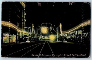 Great Falls Montana Postcard Central Avenue Night Scene Road Street 1912 Vintage