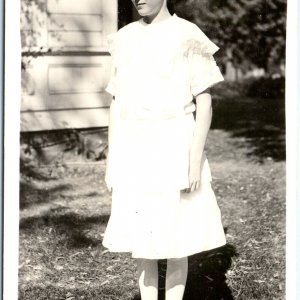 c1920s Cute Young Girl Outdoors RPPC White Dress Real Photo Postcard Antique A94