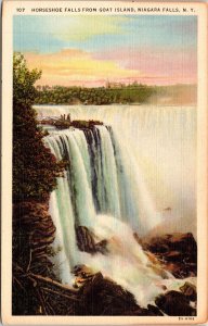 Horseshoe Falls Goat Island Niagara Falls New York Ny Linen Waterfall Postcard 