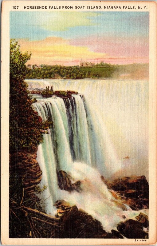 Horseshoe Falls Goat Island Niagara Falls New York Ny Linen Waterfall Postcard 