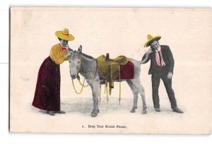 Man and Woman With Donkey Embossed Postcard 1908 Drop Your Nickel Please