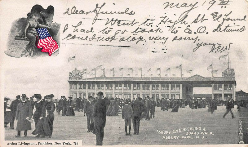 Asbury Ave. Casino & Boardwalk, Asbury Park, N.J., Early Postcard, Used in 1904