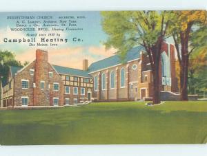 Linen postcard ad CAMPBELL HEATING COMPANY - CHURCH SCENE Des Moines IA G4161