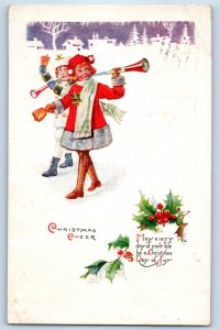 1921 Christmas Cheer Children Blowing Horn Holly Berries Embossed Postcard