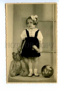 494449 Child Girl w/ Plush Toy TEDDY BEAR & Ball Vintage REAL PHOTO card