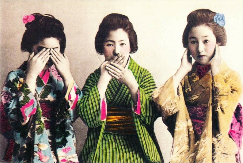 Japanese Geisha See No Evil Speak No Evil Hear No Evil Repro Postcard