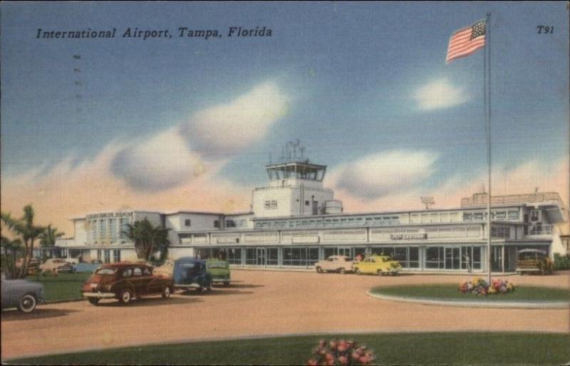 Tampa FL Airport Old Cars American Flag Linen Postcard