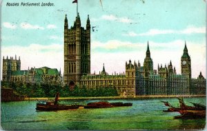 Vtg Postcard 1914 - Houses Parliament - London - Tug in Foreground