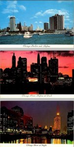 3~Postcards Chicago, IL Illinois HARBOR, RIVER & SKYLINE Day & Dusk & Night View