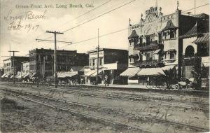 c1907 Postcard Ocean Ave Long Beach CA Cynthia Hotel Apt. Trolley Tracks