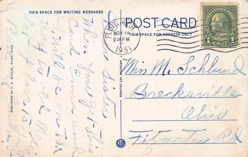 Michigan School for the Deaf, Flint, Michigan, Early Postcard, Used in 1931