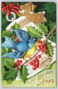 A Merry Christmas Bird White And Golden Bell Green Leaves Greetings Postcard