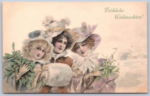 JH14/ German Postcard c1910 Merry Christmas Pretty Women Muffs Dress 65