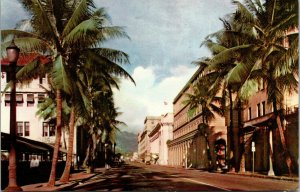 Vtg Bishop Street Downtown Honolulu Oahu Hawaii 76 Union Oil Chrome Postcard