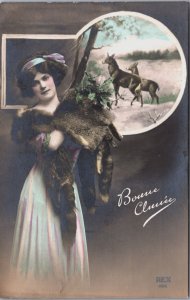 Beautiful Lady Glamour Deer Vintage RPPC C206